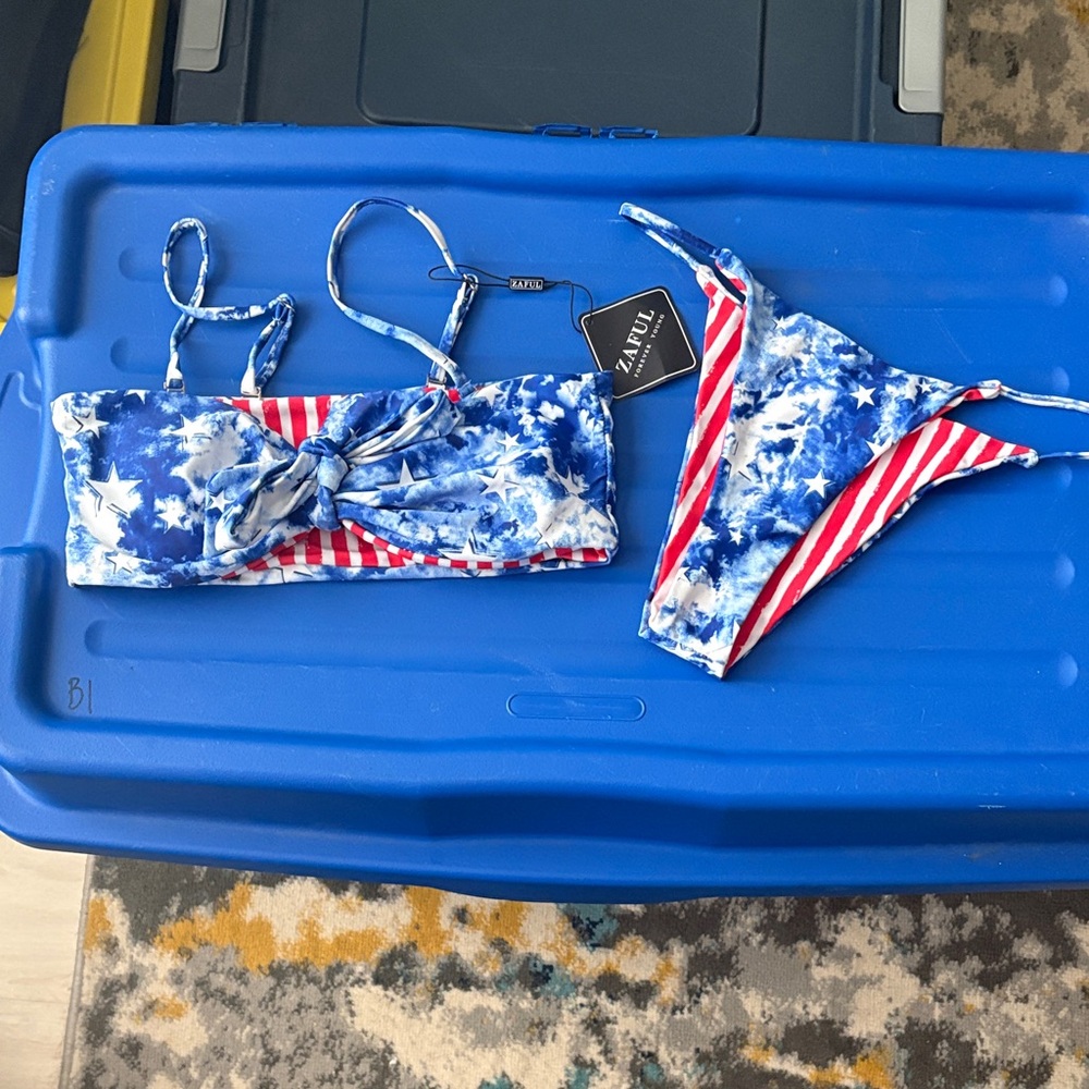 Zaful Blue White Red Tie-Dye Stars & Stripes Bikini Set BNWT
